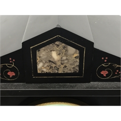 Victorian black slate mantel clock, stepped sloping pediment with marble inset, marble half column pilasters enclosing Arabic dial, twin train movement striking the hours and half on single coil, gilt and painted engraved detail, H35cm