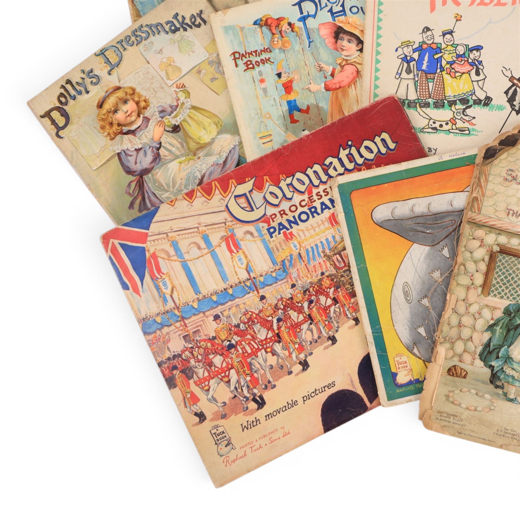 Fifteen late 19th/early 20th century children's picture books, comprising eleven published by Raphael Tuck & Sons, titles including Pleasant Hours Painting book, Boo-Boo the Barrage Balloon, The Timber Toes, At the Sound of the Drum, Coronation Procession Panorama, Horace and the BBC, Dolly's Dressmaker, Puppy Dogs ABC, Pets at the Farm, Mr Punch and His Tricks and Mixed Pickles Prepared, and four published by Ernest Nister, titles including Dicky Bird Land, The Sugar Plum House That Jack Built, The Noah's Ark and A Day at the Seaside
