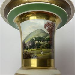 Pair of Worcester pedestal vases, probably Grainger & Co, each painted with views of Worcester and Malvern against a green ground with gilt bands, each titled beneath, H26cm
