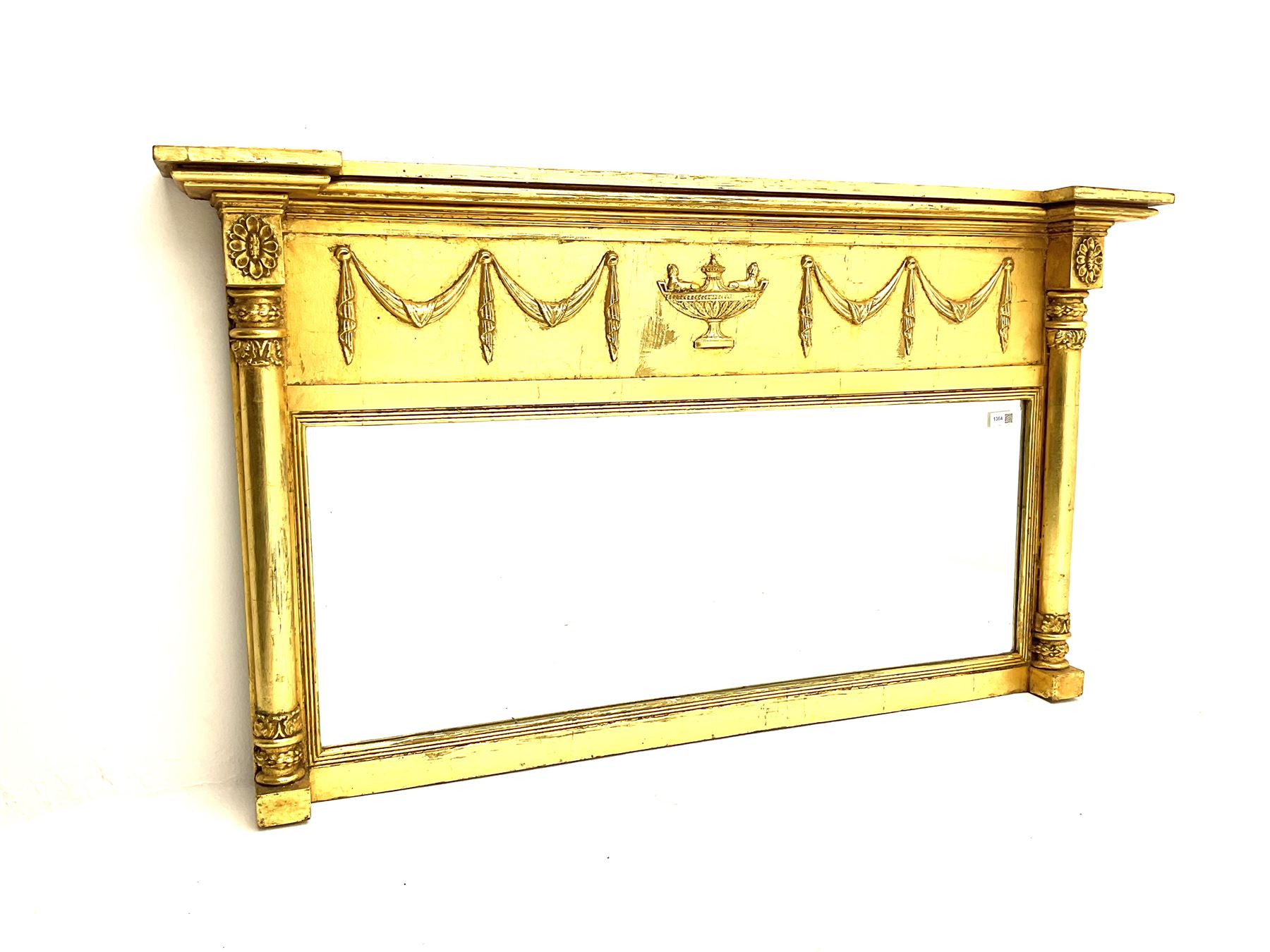Regency style gilt overmantle mirror, Adam style urn flanked by swags