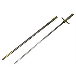 American Masonic sword, 69cm polished blade, cast brass hilt and finial with rope twist steel plated grip, steel and brass scabbard, 87.5cm overall