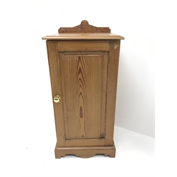 Pair 20th century pitch pine bedside cabinets, raised shaped back, moulded top, single door, plinth base, W39cm, H85cm, D36cm