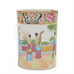19th century Chinese Canton famille rose brush pot, of cylindrical form decorated with a v...
