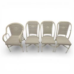 Kok Maison - 20th century French wicker chairs, set of eight including two carvers, with arched woven backs and seats in close cane weave, the frames painted cream, the arms with wrapped wicker detail, raised on turned supports united by cross shaped stretchers