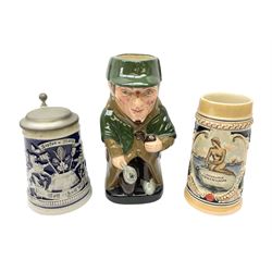 West German Gerz lidded stein decorated in relief decoration of two lions, grains, beer barrel, and on cobalt ground, together with another stein and a Royal Doulton Sherlock Holmes toby jug