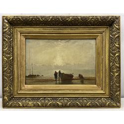 English School (19th century): Fisher Folk and Coble on the Beach at Sunset, oil on canvas unsigned 30cm x 45cm