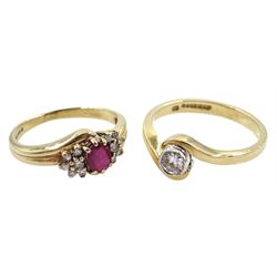 Gold single stone diamond crossover ring, diamond approx 0.20 carat and a gold ruby and diamond cluster ring, both hallmarked 9ct