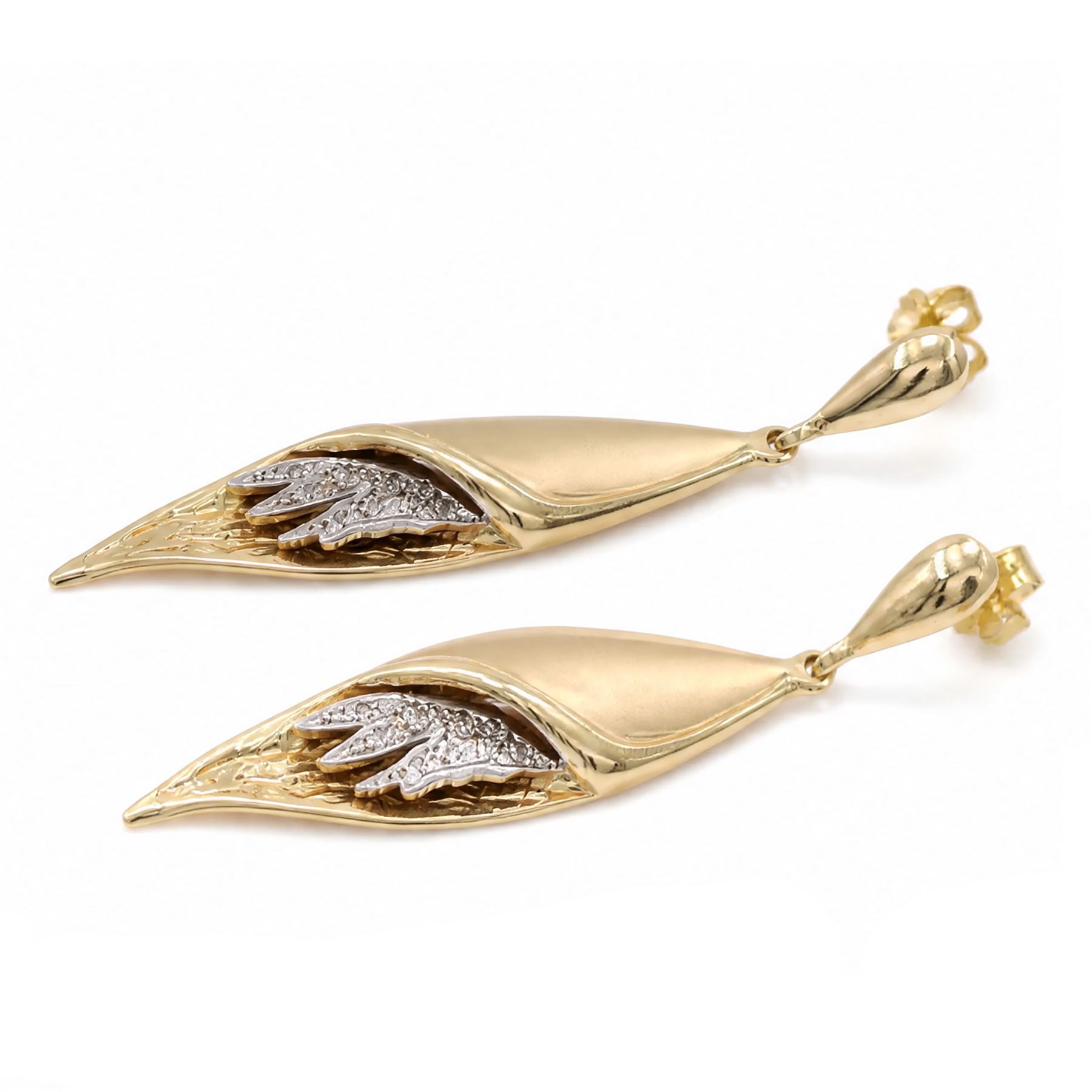 Pair of 14ct yellow and white gold cubic zirconia abstract design pendant stud earrings, stamped 585