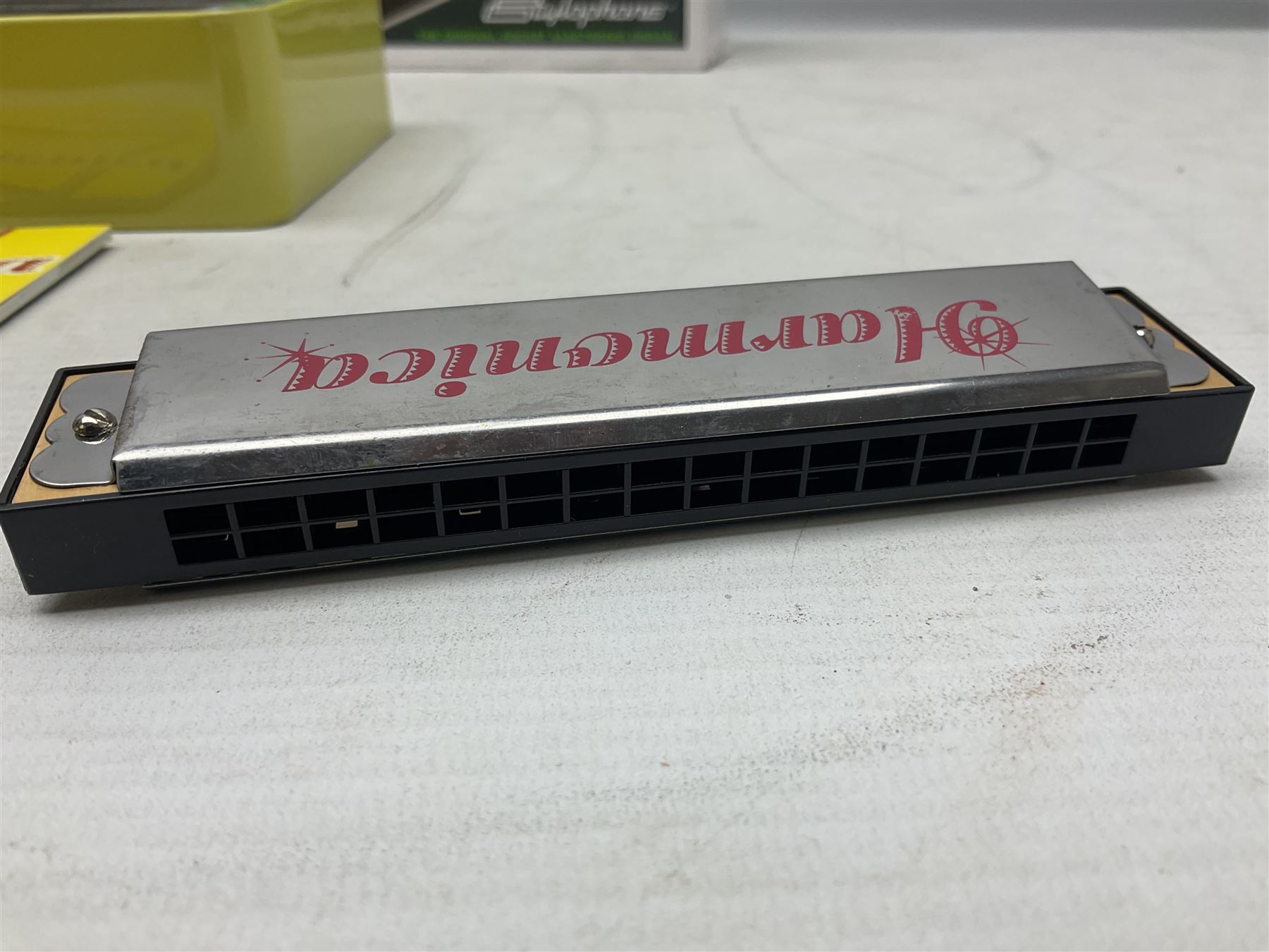 Bagpipes of Caledonia Piping Chanter Kit; Dubreq Stylophone - Pocket Electronic Organ; and Robert Frederick Harmonica; all boxed with instructions (3)