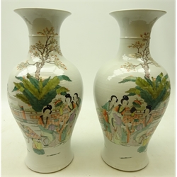  Pair Chinese baluster vases decorated in polychrome enamels with maidens and children in a fenced garden, with artists signature to reverse, four figure character mark to base, H39cm (2)  