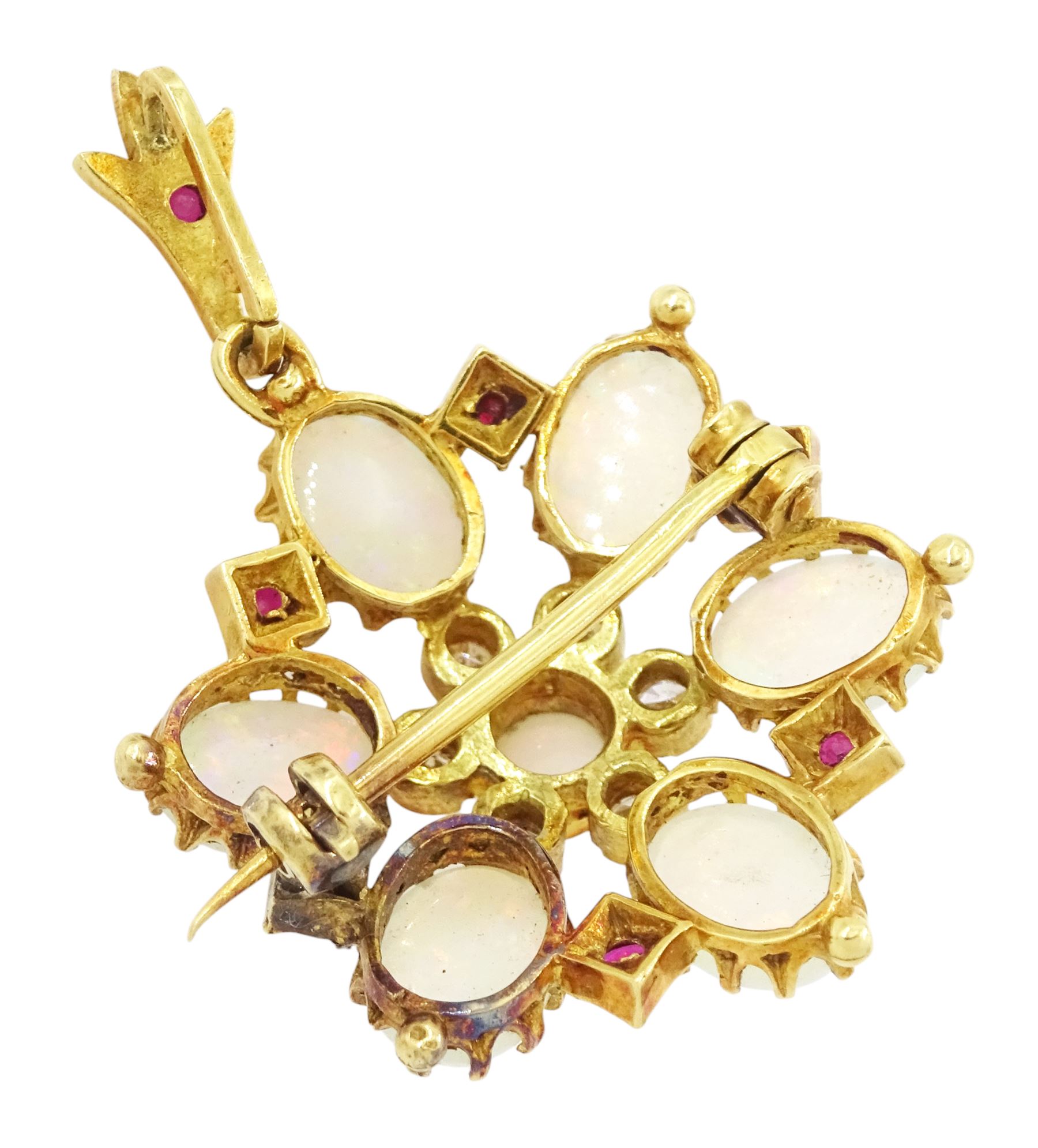 18ct gold opal, single cut diamond and ruby pendant / brooch