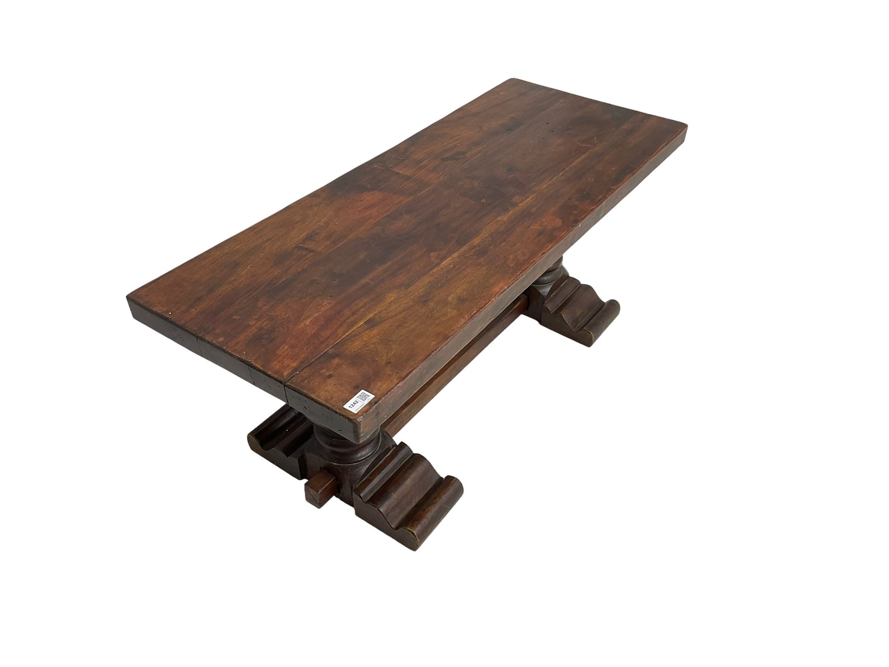 Hardwood rectangular coffee table, twin pedestal base