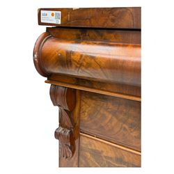 19th century flame mahogany Scotch chest, frieze long drawer above two short and four long graduating drawers, with turned knobs scrolled carved side bracket 