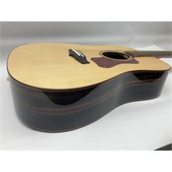 Tanglewood Dreadnought spruce and java wood acoustic guitar the three-piece back with mango spalted wood insert; in Faith hard carrying case; serial no.201147017 L103cm