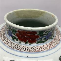 19th century Chinese Wucai vase and cover, decorated  with peacock on blue rockwork and other birds flying amongst tree peonies, H43cm