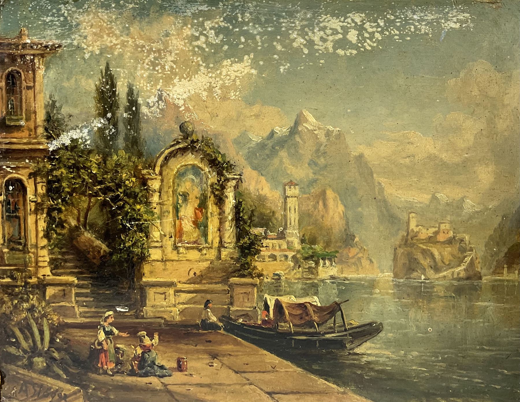 A Slager (Continental  19th century): Alpine Lake and Mountain scenes, pair oils on mahogany panel signed 18cm x 23cm (2)