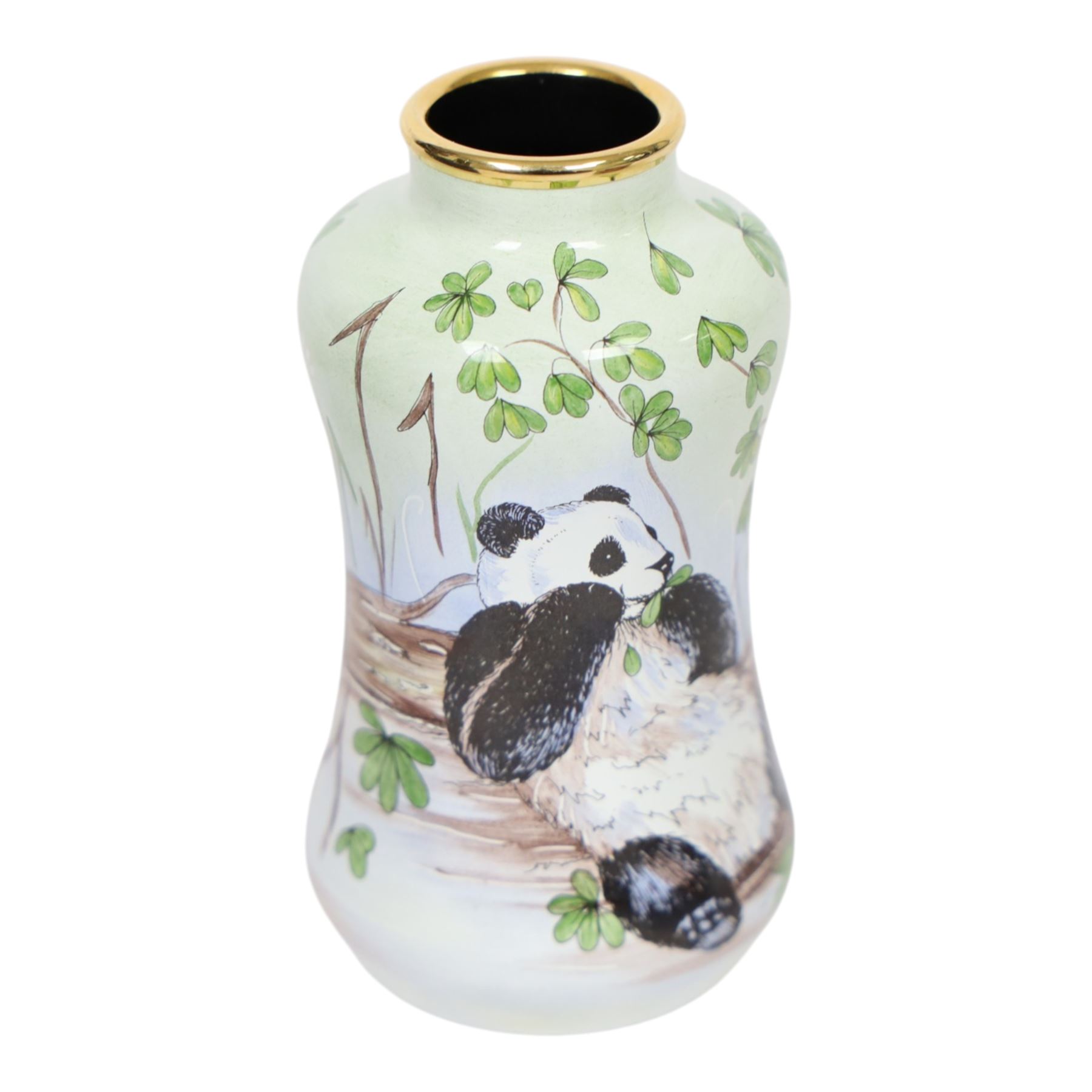 Moorcroft enamel vase, decorated with pandas, in box together with a small Moorcroft vase clematis pattern, enamel vase H8cm
