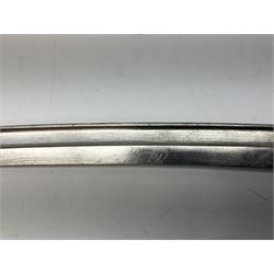 Turkish Model 1874 sword bayonet with 57.5cm curving steel fullered blade and chequered black grip, in steel mounted leather scabbard L75.5cm overall