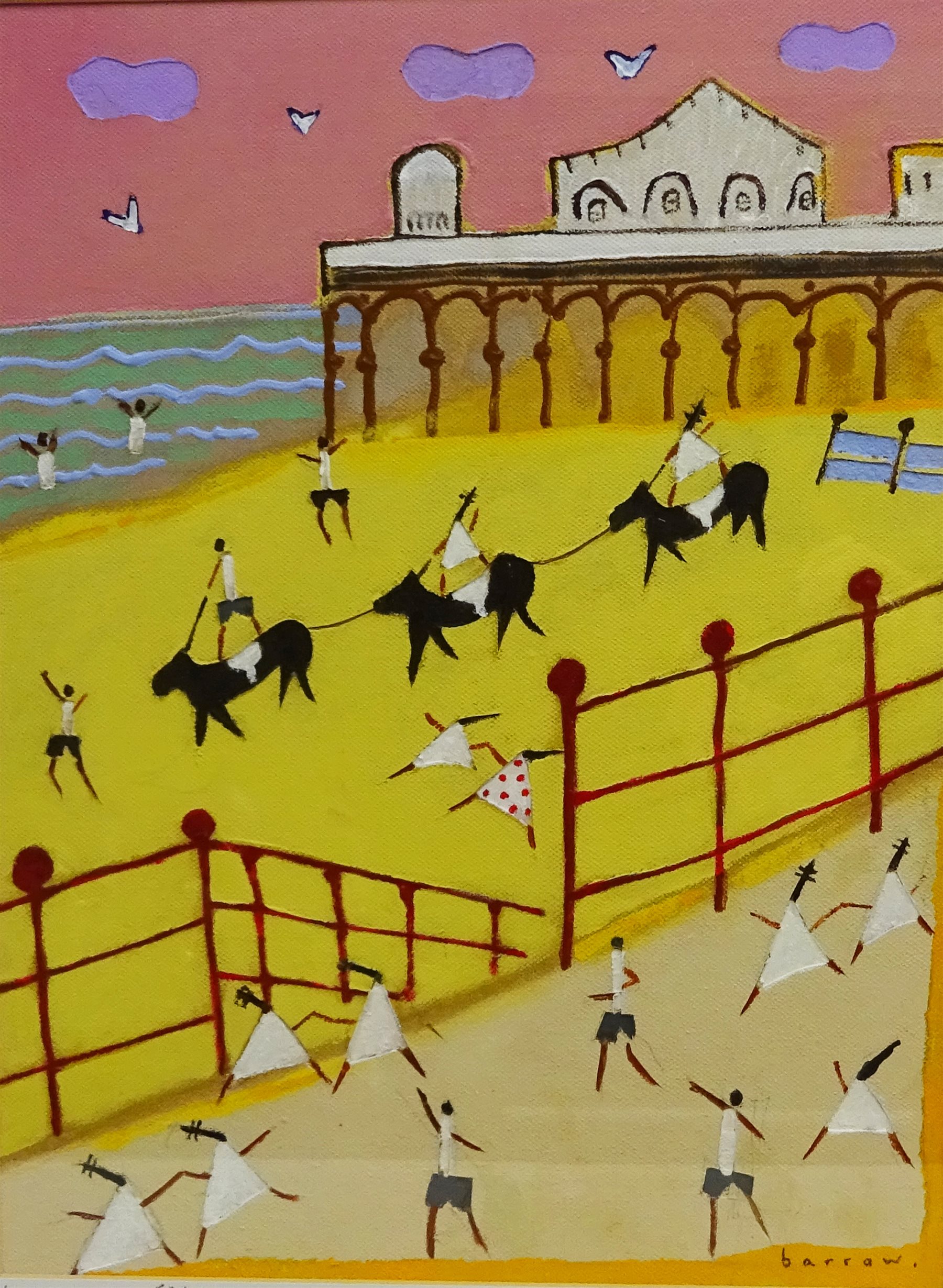 David Barrow (Northern British 1959-): 'The Pier', oil on canvas with cut-out relief laid on board signed, titled and dated December 2014 on artist's studio label verso 40cm x 30cm

