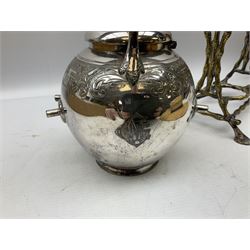Silver plated kettle with engraved decoration upon burner stand, together with two hats