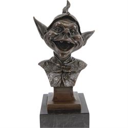 Modern bronze bust of a goblin upon a square black marble base, signed Juno, H28cm