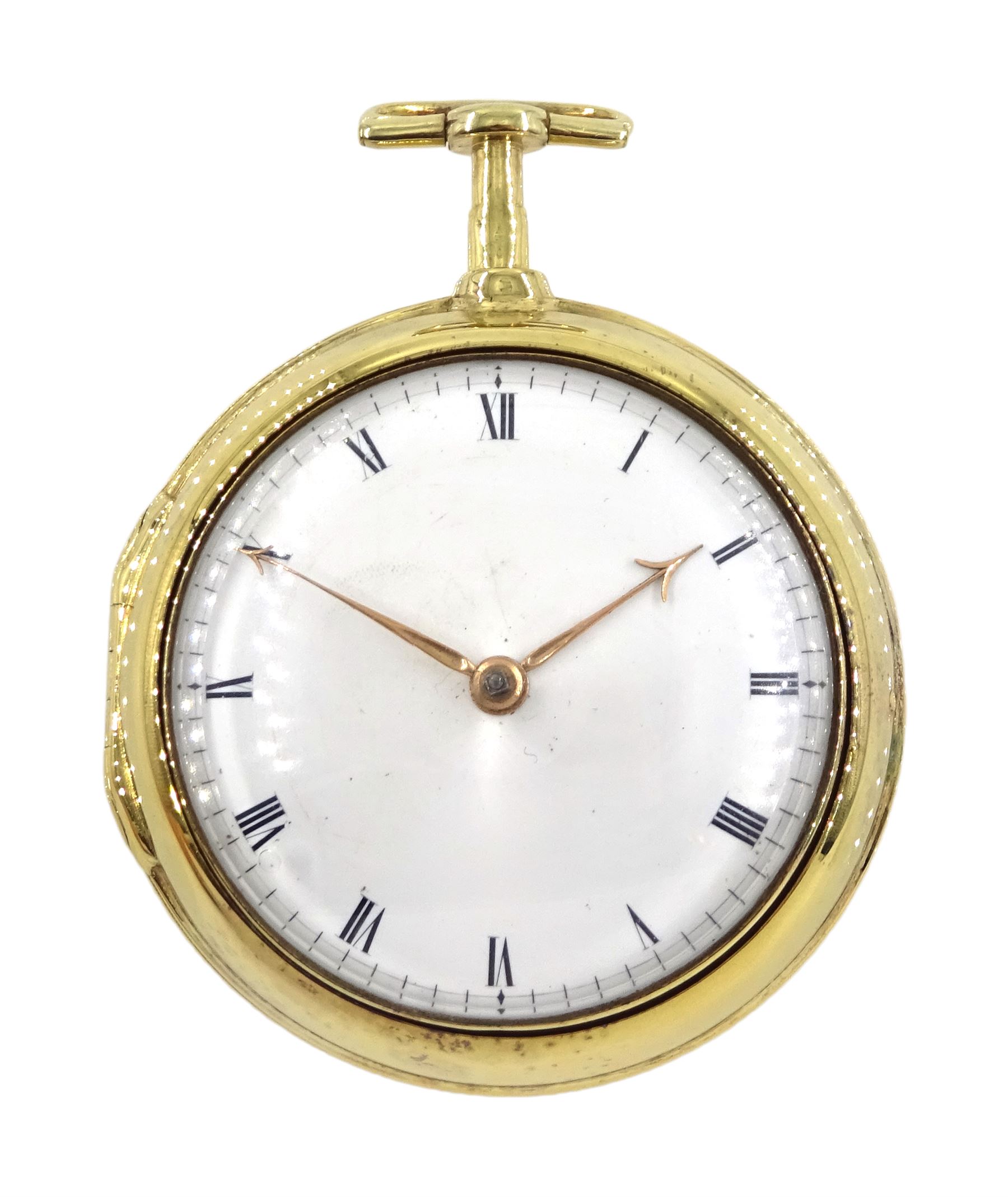 George III gilt pair cased verge fusee pocket watch by George Flote, Islington London, No. 1790, round baluster pillars, pierced and engraved cock balance, white enamel dial with Roman numerals, bull's eye glass, case makers mark I.N, with a fabric watchpaper embroidered with 'Oft let us meet in thought'