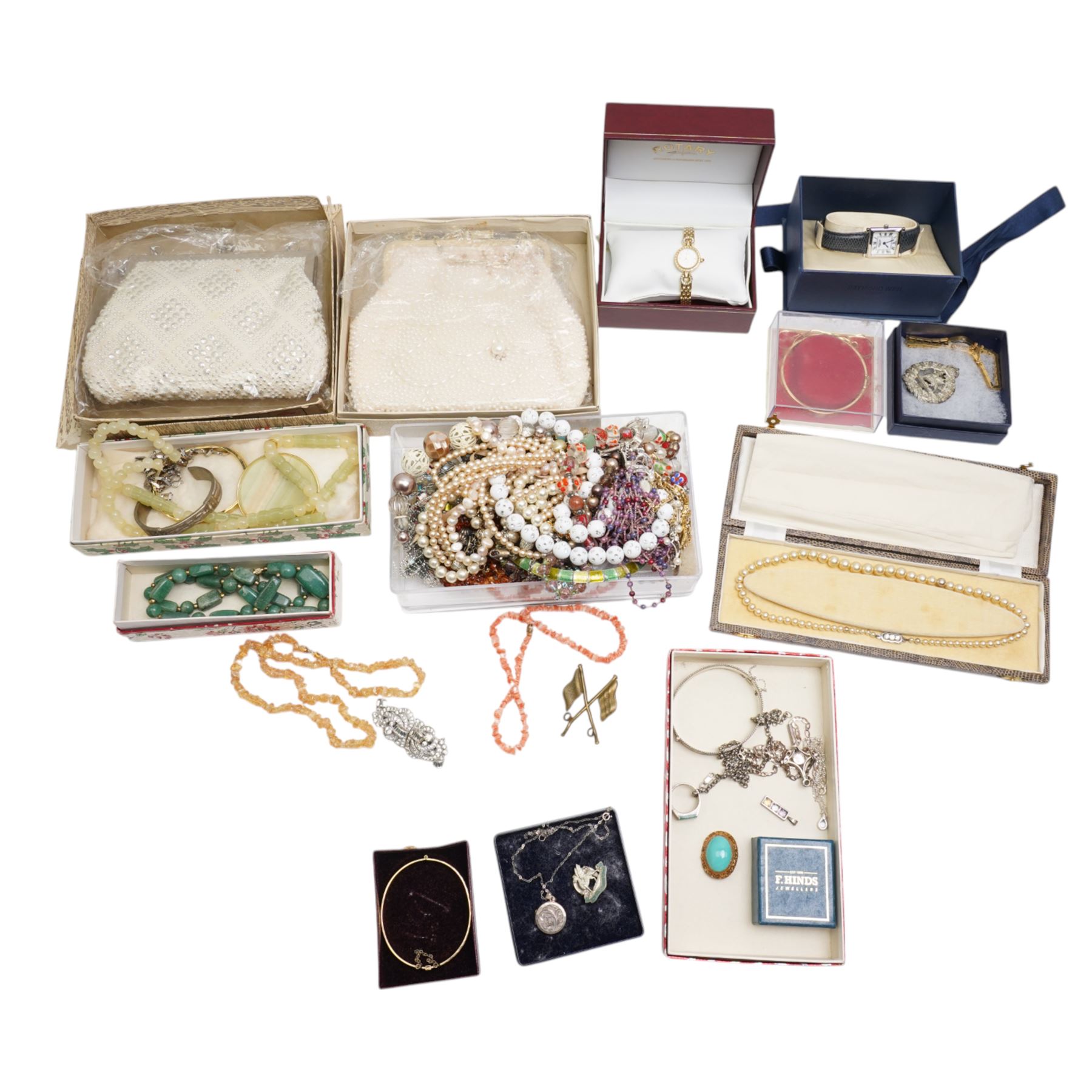Silver jewellery, including Baltic amber cross pendant, locket, chains and ring, together with Raymond Weil wristwatch, imitation pearl necklace and a collection of costume jewellery including bead necklaces
