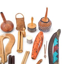 Collection of percussion instruments, including pair of metal maracas, cabasa, shekere, gourd maraca, guiro, wooden maracas, plastic castanets, etc
