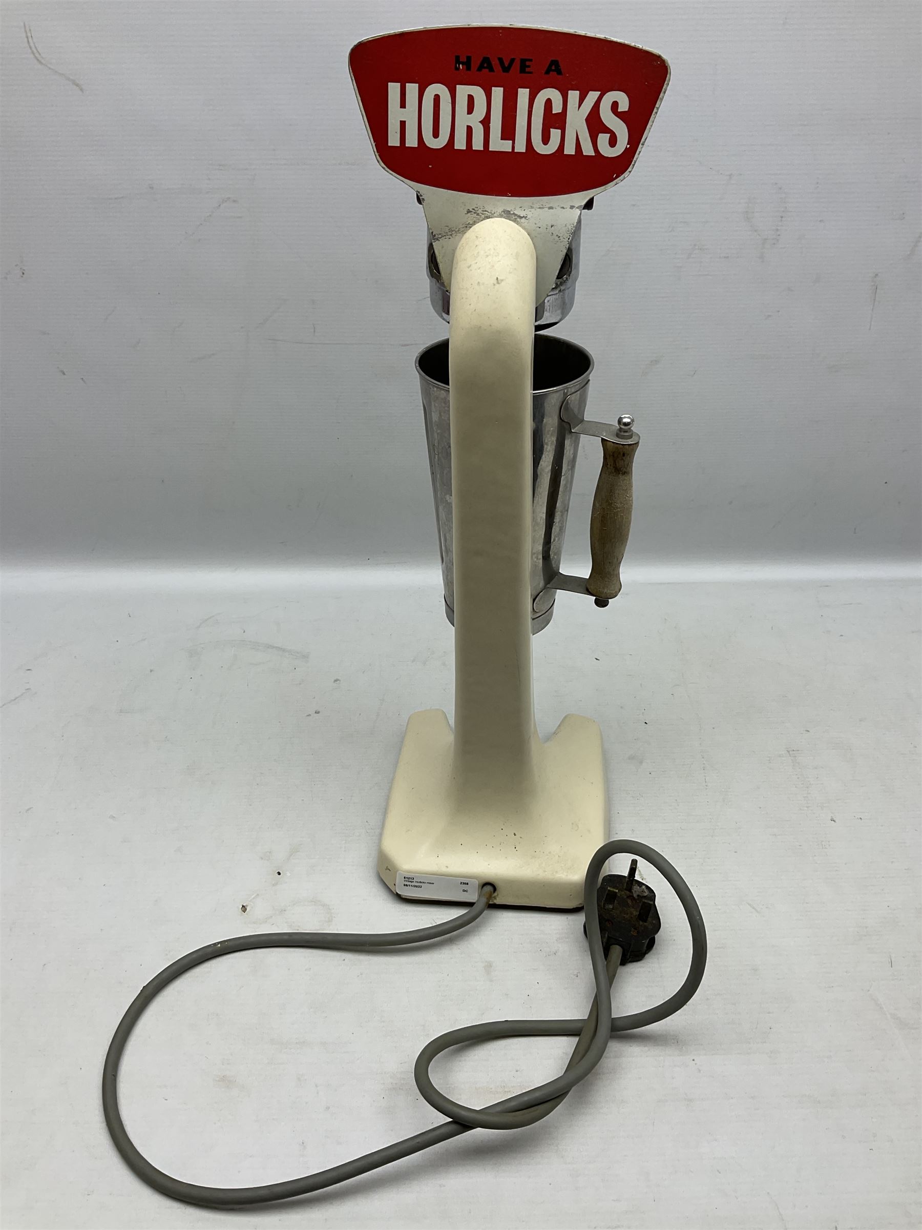 1950s Horlicks advertising shop counter electric mixer, with chrome fittings and stainless steel cup engraved Horlicks with wood handle, H50cm