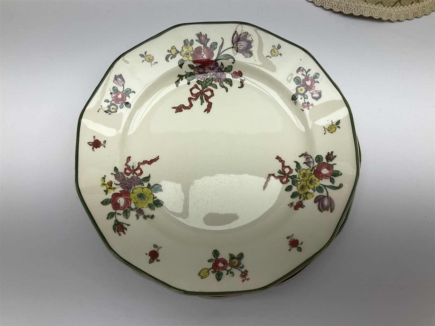 Royal Doulton part dinner service in Old Leeds Sprays pattern,  to include cheese dome, teapot and stand, egg cups etc, together with a selection of floral doilies.  
