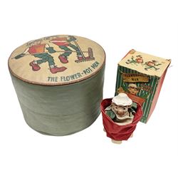 1950s/60s Palitoy 'Bill & Ben The Flower Pot Men' glove puppet; boxed; and 'The Flower Pot Men' vinyl drum shaped foot-stool/pouffe depicting Bill & Ben with sweeping brushes (2)