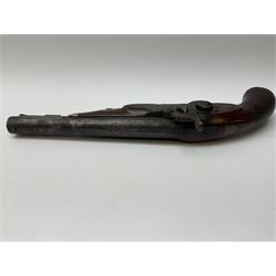 19th century flintlock converted to percussion cap target pistol, the 20.5cm barrel engraved with a sunburst motif to the top and ramrod under, foliate engraved lock-plate and trigger guard, silver plated fittings, walnut stock with chequered grip and melon fluted butt L35.5cm overall