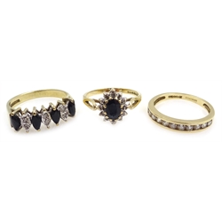  14ct gold cubic zirconia half eternity ring and two 9ct gold diamond and sapphire rings, all hallmarked  