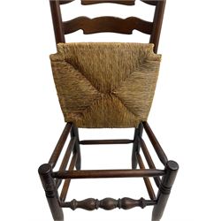 Set eight (6+2) oak dining chairs, high waived ladder back over rush seats, raised on ring turned supports with pad front feet, united by stretchers