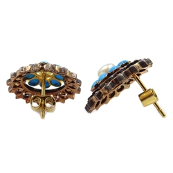  Pair of gold and silver diamond, turquoise and pearl stud earrings  