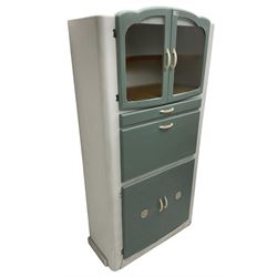 Lebus HL Furniture - mid-20th century cream and teal finish kitchen unit, fitted with glazed cupboard over single drawer and fall-front, double cupboard enclosing single shelf fitted to base