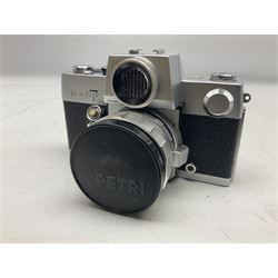 Petri Flex 7 camera body, serial no. 555698, with Perti C.C 1:1.8 f=55mm' lens, serial no. 78253, together with Petri Flex V2 camera body, serial no. 364427, with 'Petti C.C. 1:2 f=55mm' lens, serial no. 137076, in ever ready case