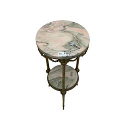 Late 20th century cast gilt metal and marble two-tier stand, pink and grey marble top and undertier, the base decorated with floral garlands, on reed moulded supports with splayed terminals 