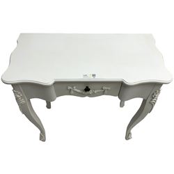 French design white painted console table, shaped top, fitted with single drawer with applied swag decoration, raised on cabriole supports decorated with foliate mouldings