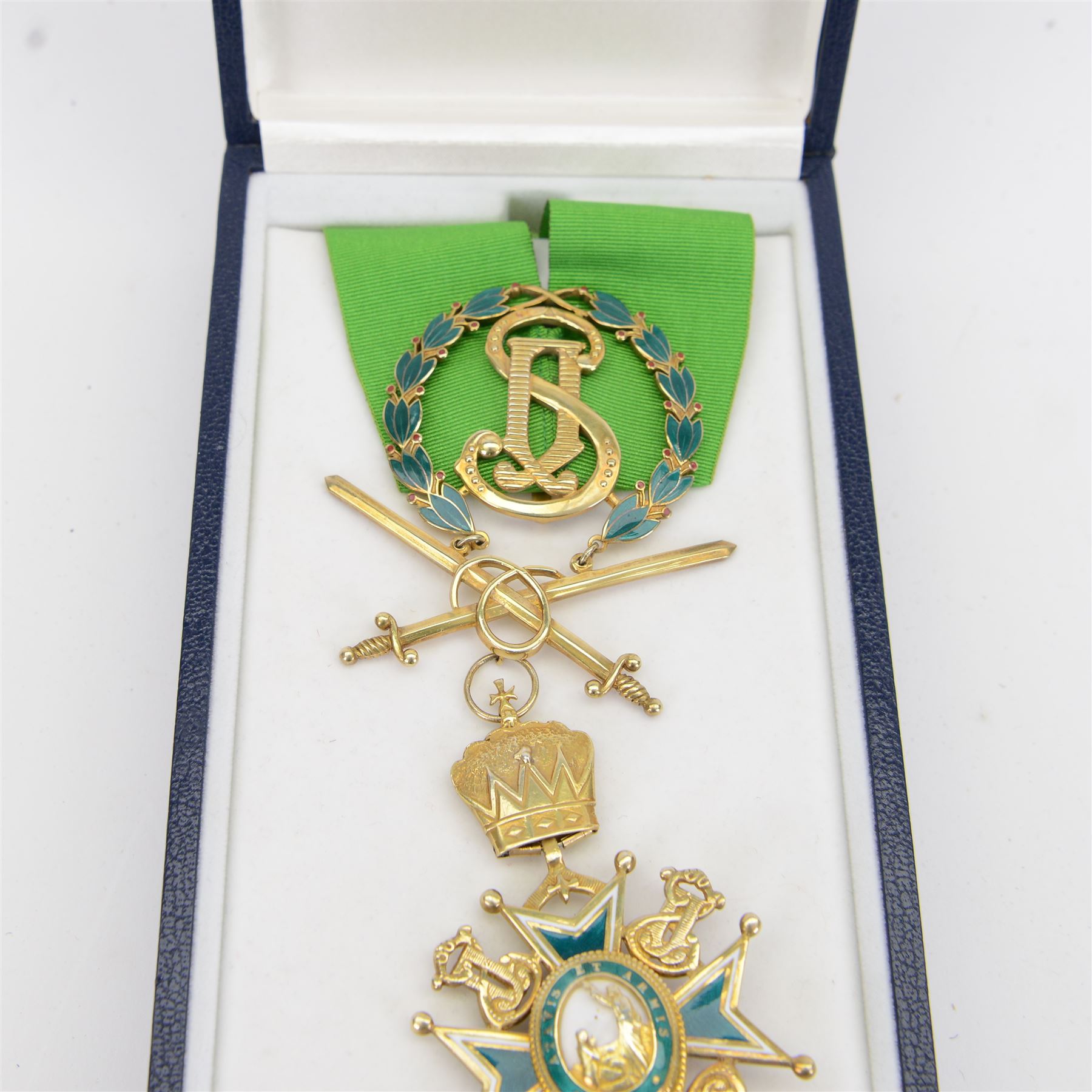 Military and  Hospitaller Order of St. Lazarus of Jerusalem, Knight of Grace gilt silver and enamel neck badge, upon a green ribbon, in case