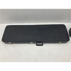 Fender style sunburst electric guitar with manuscript mark 'Zenta Stratocaster 1963' L97cm; in hard carrying case; another similar unmarked sunburst electric guitar; in gig bag; and Fender Frontman Amplifier, serial no.M473406 (3)