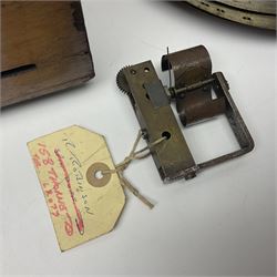 Late 19th century Symphonion disc musical box for spares or repair, inlaid walnut case with front lever action, playing 25.5cm discs on a 10.5cm steel comb with forty-nine teeth, musical scene of cherubs under the lid, L33cm; together with twelve 25.5cm discs