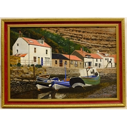 Tom S Hoy (British 20th century): 'Aground at Staithes' acrylic on board signed, titled verso 30cm x 44cm