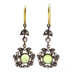Pair of silver and gold diamond and peridot flower pendant earrings