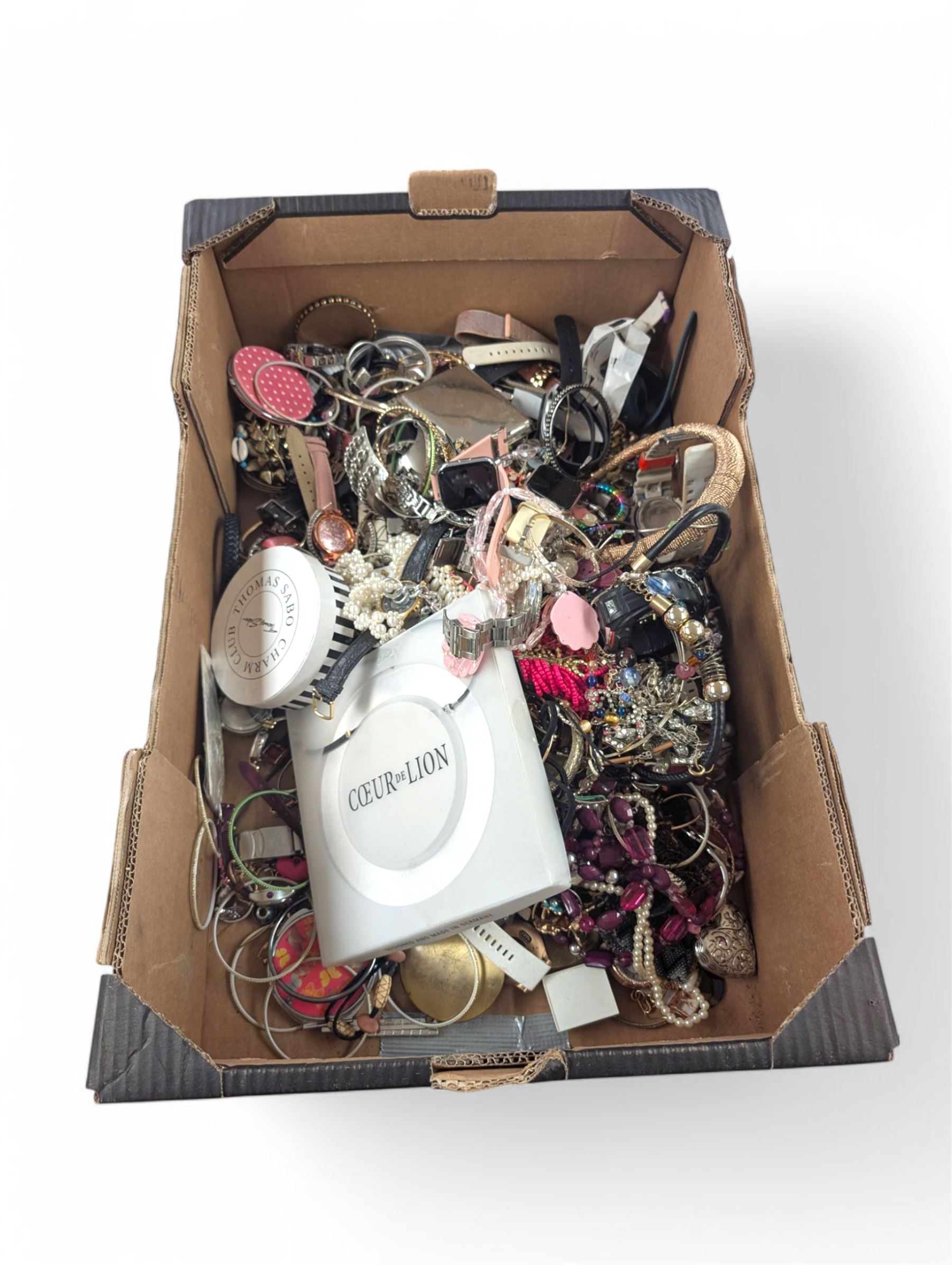 Collection of costume jewellery, including Thomas Sabo bracelet, beaded necklaces, rings and wristwatches