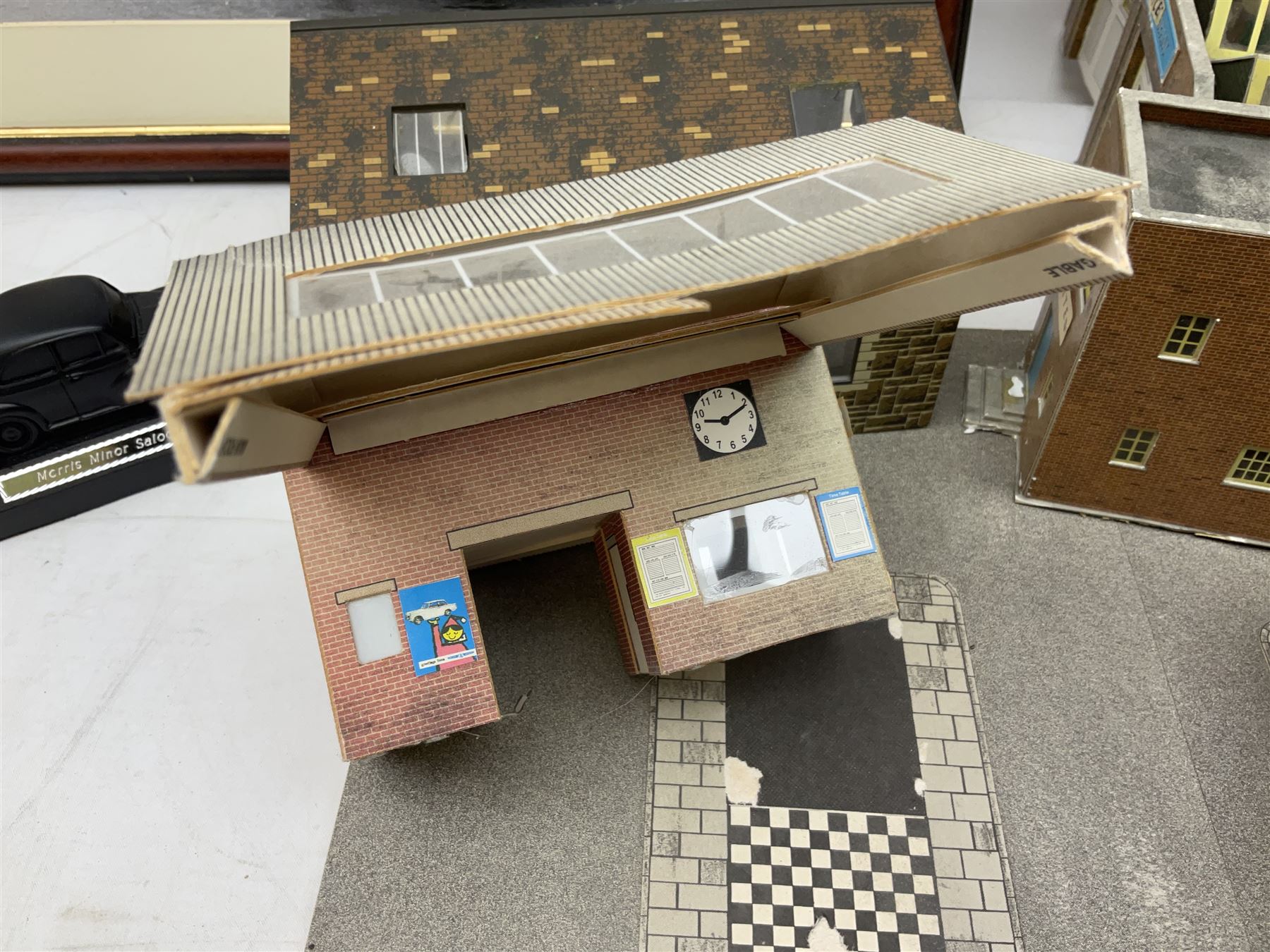 Quantity of model houses, framed print, coal E & J Mining Memories Morris Minor figures etc