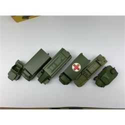 Dinky - six military vehicles - Military Ambulance No.626; Armoured Command Vehicle No.677; Field Artillery Tractor No.688; 3-Ton Army Wagon No.621; Scout Car No.673, all boxed; and D.U.K.W. Amphibian No.681 with box base (6)