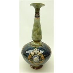  Early 20th century Royal Doulton stoneware vase, bulbous body with trumpet shaped neck, decorated with applied floral panels, H40cm   