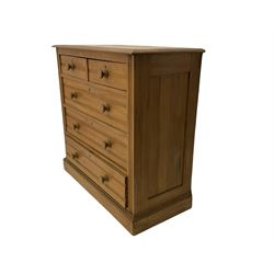 Victorian satin walnut chest, moulded rectangular top over two short and three long drawers, plinth base