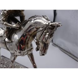 Modern silver model of a racehorse with mounted jockey, after David Geenty, hallmarked Laurence R Watson & Co, Sheffield 1998 (filled), upon a rectangular wooden base